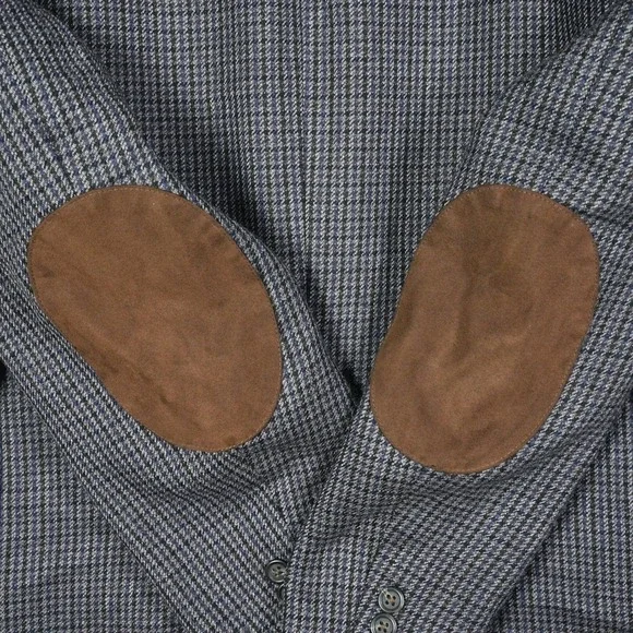 Chaps Mens 44L 100% Wool Houndstooth Sport Coat Blazer Grey Blue Elbow Patches - Picture 11 of 11